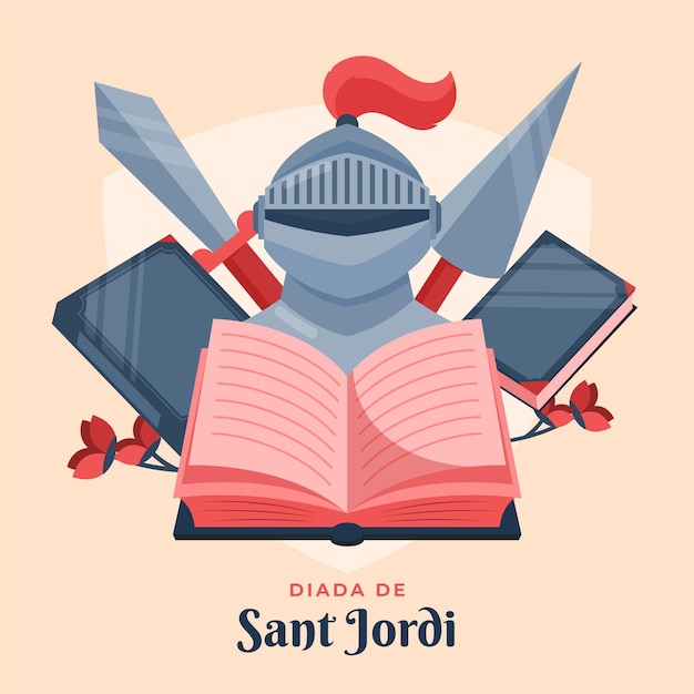 Бесплатное векторное изображение Плоская иллюстрация diada de sant jordi с рыцарскими доспехами и книгой