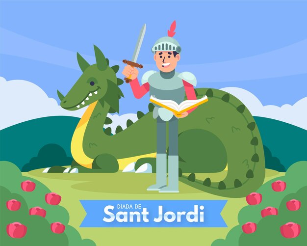 Flat diada de sant jordi illustration with knight and dragon