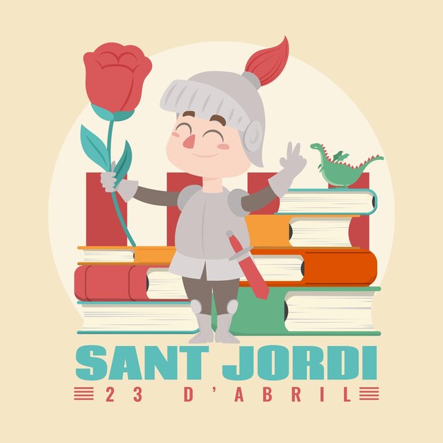 Flat diada de sant jordi illustration with knight holding rose