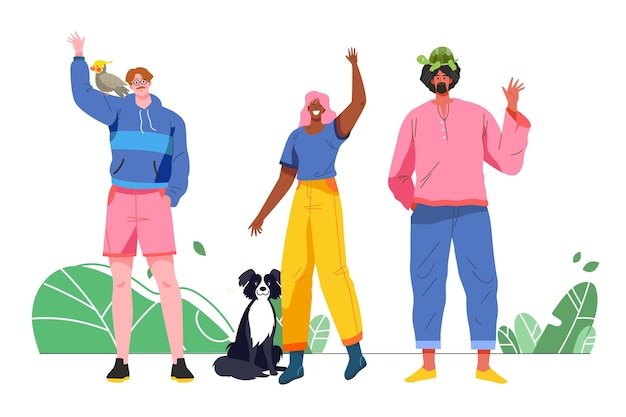 Free vector flat different people with pets