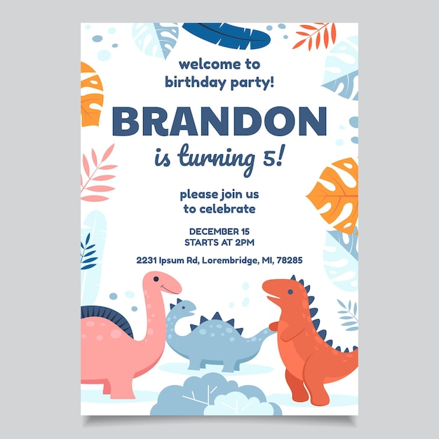 Flat dinosaur birthday invitation template