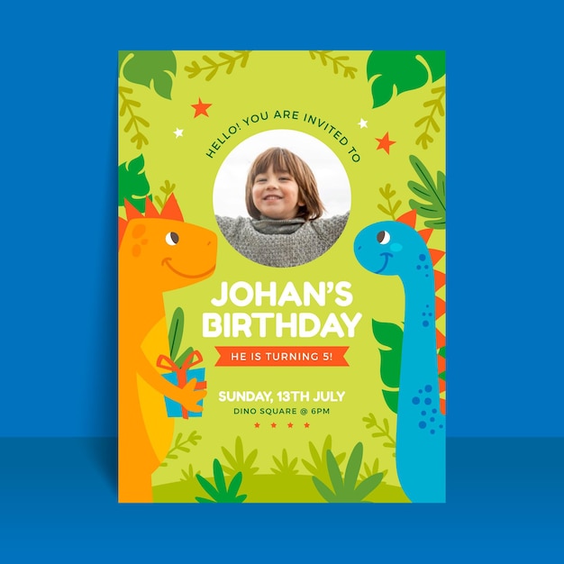 Free vector flat dinosaur birthday invitation template