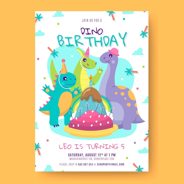 Free vector flat dinosaur birthday invitation template