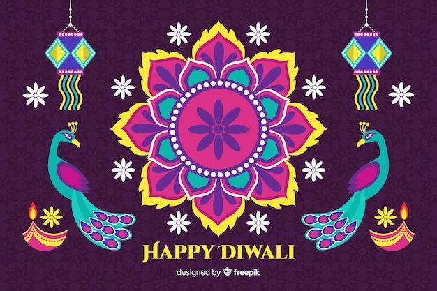 Sfondo piatto di diwali con disegno floreale e pavoni