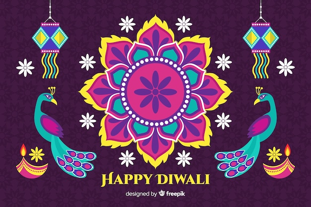 Flat diwali background with floral design and peacocks