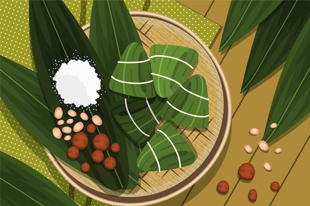 Free vector flat dragon boat's zongzi background