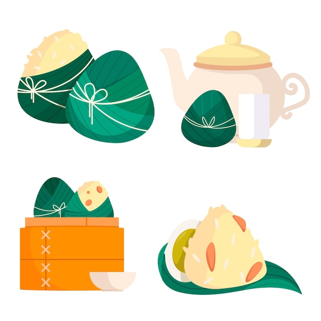 Free vector flat dragon boat's zongzi collection