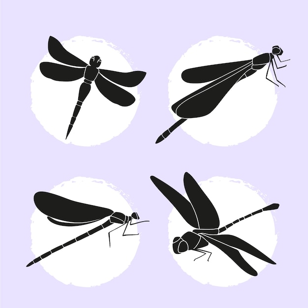 Бесплатное векторное изображение Коллекция силуэтов плоских стрекоз