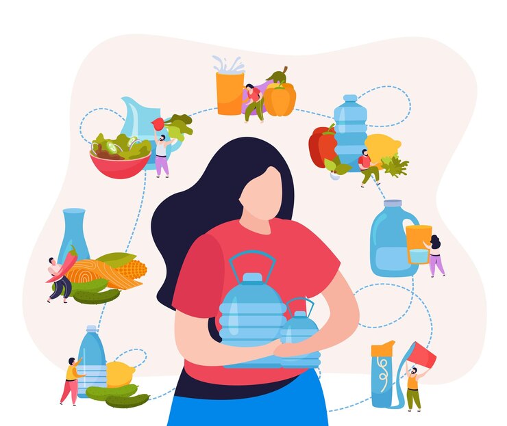 Free Vector flat drink water composition young woman with water bottles in her hands and icons around her with water bottle options vector illustration
