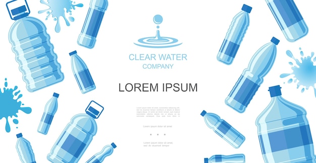 Flat drinking water concept with plastic bottles of pure aqua and liquid splashes