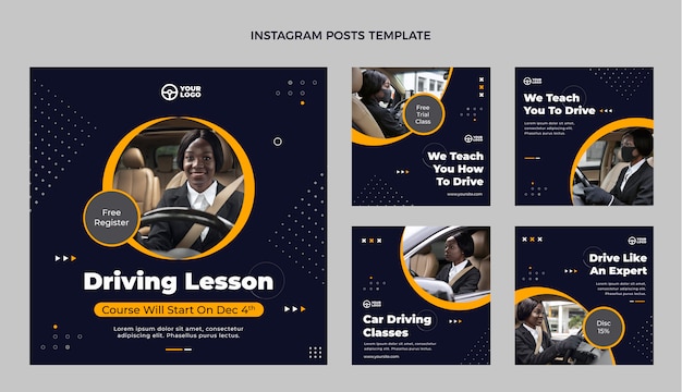 Free vector flat driving school instagam posts collection