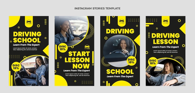 Free vector flat driving school instagam stories collection