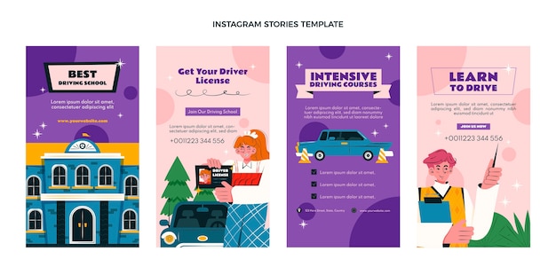 Free vector flat driving school instagam stories collection