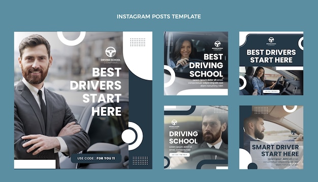 Free vector flat driving school instagram posts collection