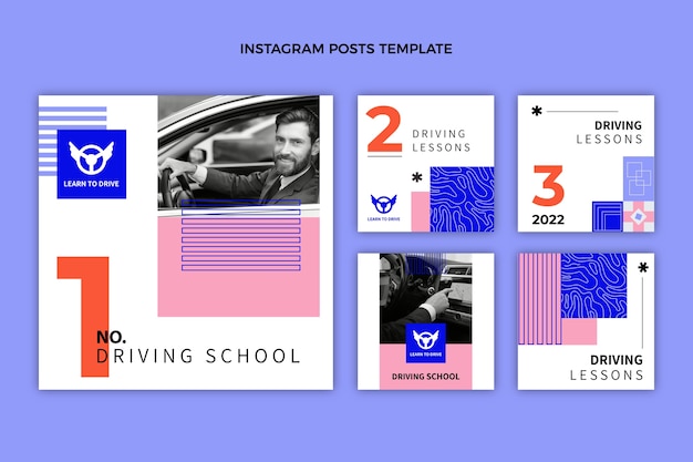 Free vector flat driving school instagram posts collection