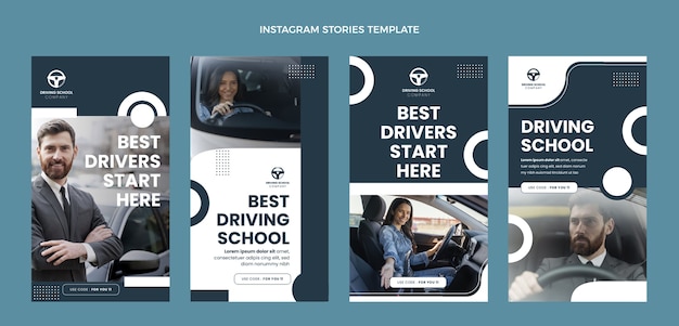 Free vector flat driving school instagram stories collection