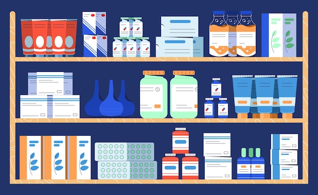 薬局の平らな薬棚。薬局の棚にあるブリスターパックに入った錠剤と液体、カプセル、ビタミン、錠剤が入った薬瓶。薬剤学、ヘルスケアおよび医療の概念。
