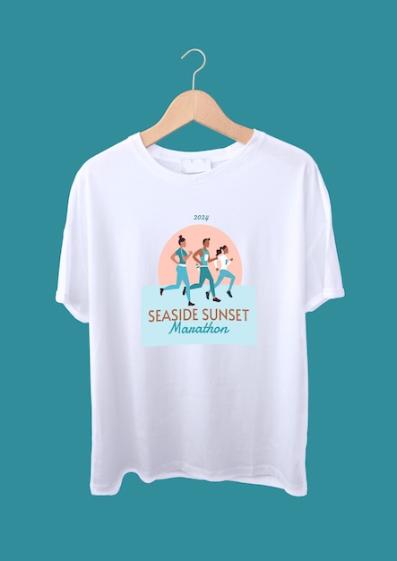 Vettore gratuito t-shirt piatta bicolore per maratona al tramonto sul mare