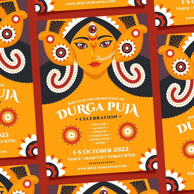 Flat durga puja vertical flyer template