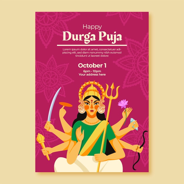 Free vector flat durga puja vertical flyer template