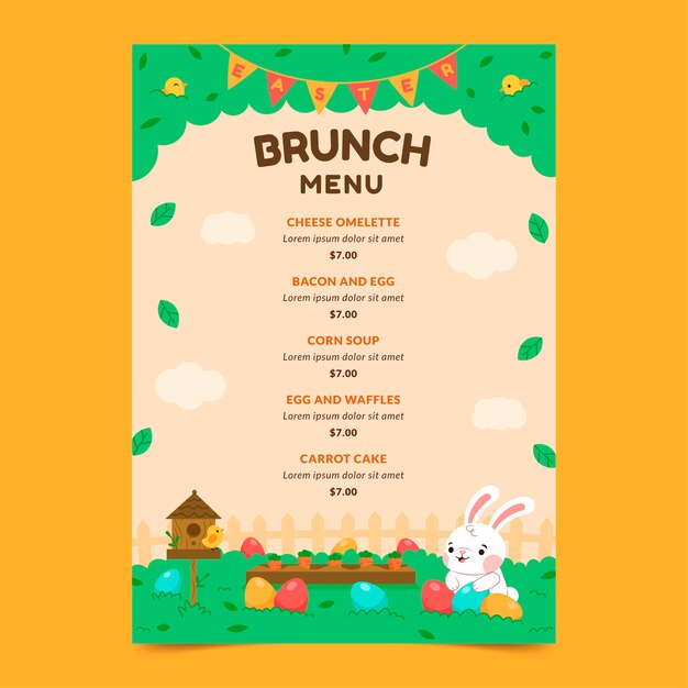 Flat easter brunch menu template with bunny and eggs