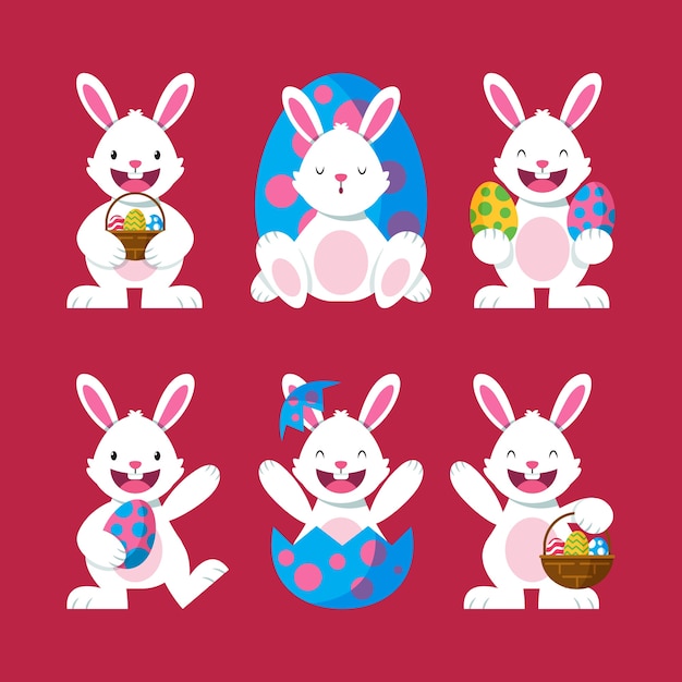 Бесплатное векторное изображение Коллекция плоских пасхальных кроликов