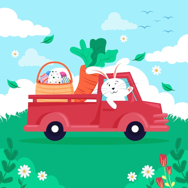 無料ベクター フラットイースター車のイラスト