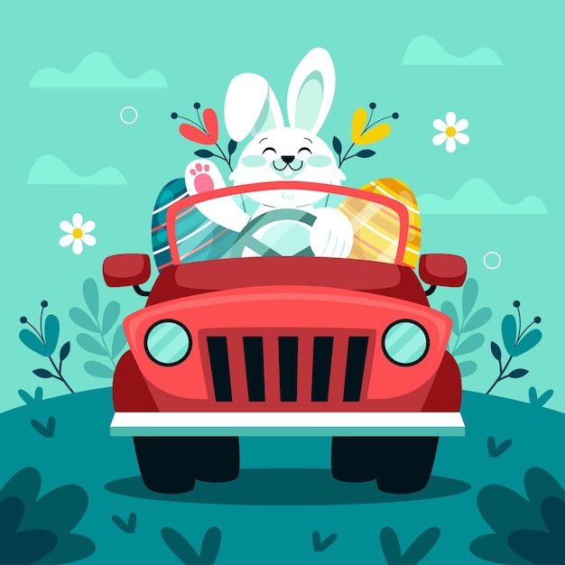 Vettore gratuito illustrazione piana dell'automobile di pasqua