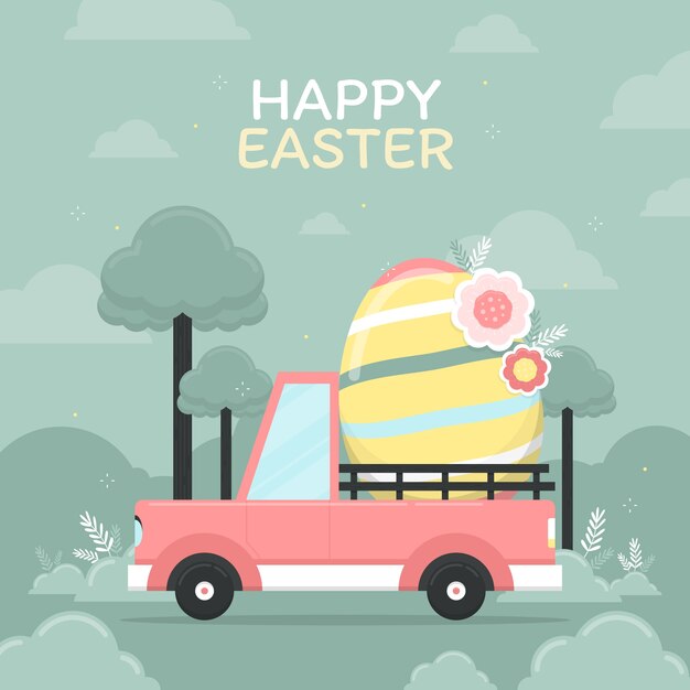 Flat easter car illustration