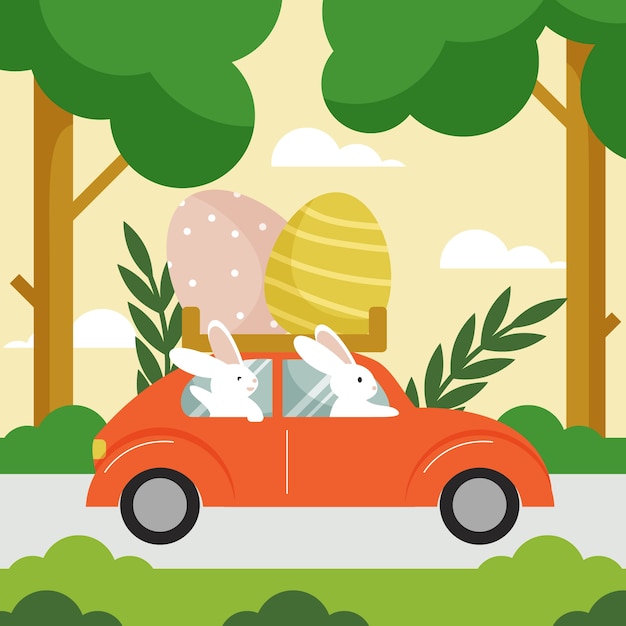 Vettore gratuito illustrazione piana dell'automobile di pasqua