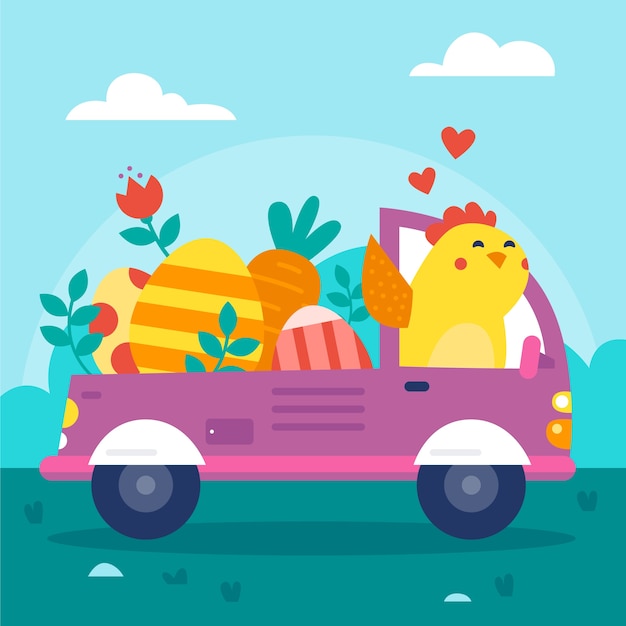 Flat easter car illustration