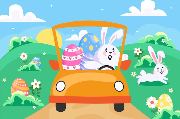 Flat easter car illustration