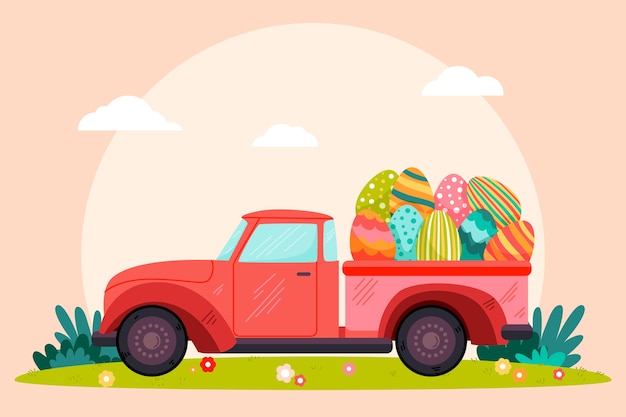 Flat easter car illustration