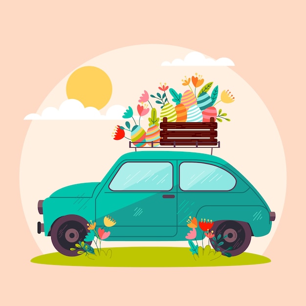 Flat easter car illustration