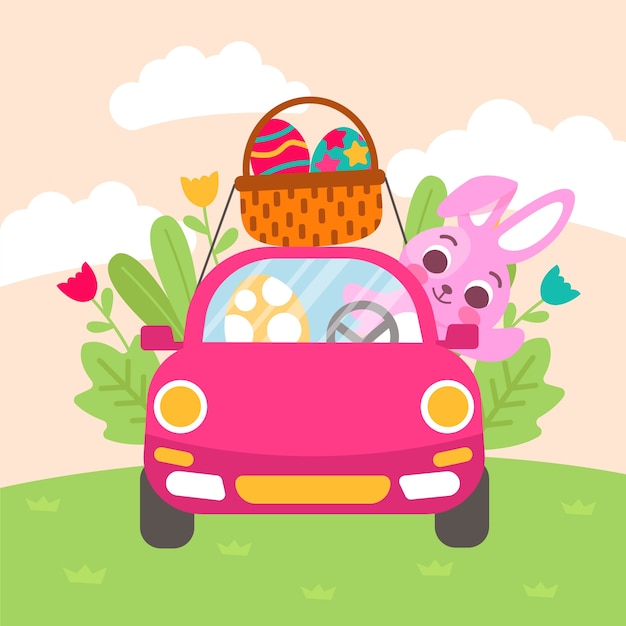 Flat easter car illustration