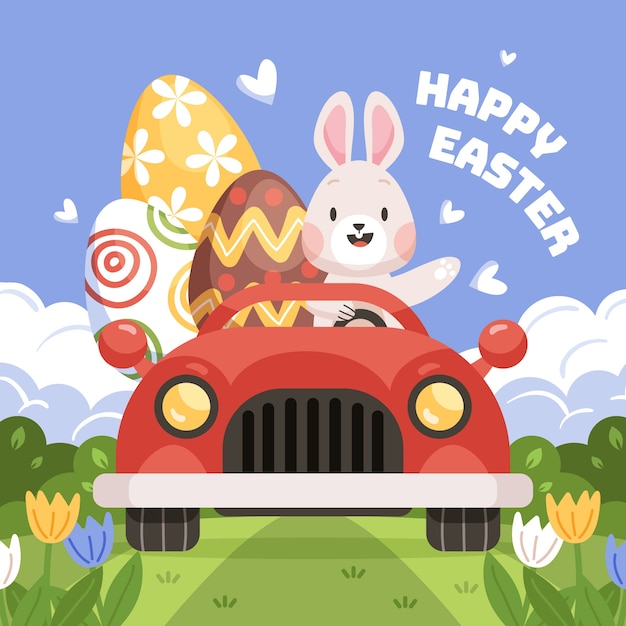 Vettore gratuito illustrazione piana dell'automobile di pasqua