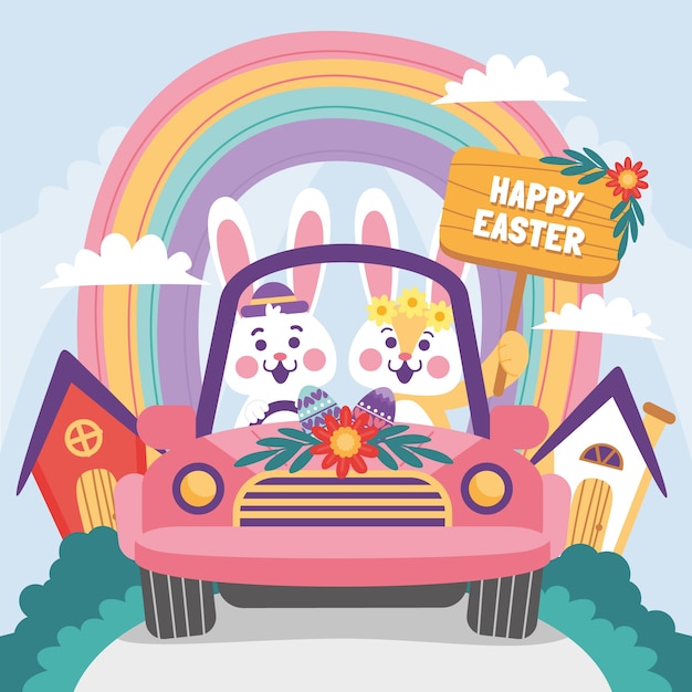 Flat easter car illustration