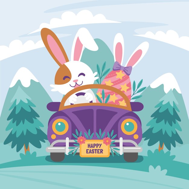 Flat easter car illustration