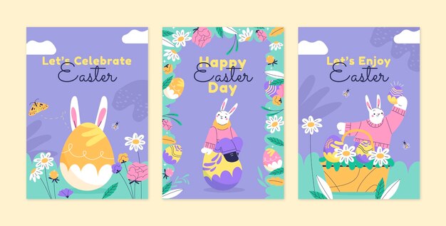 Flat easter celebration greeting cards set