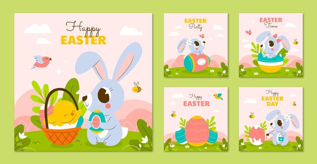 Free vector flat easter celebration instagram posts collection