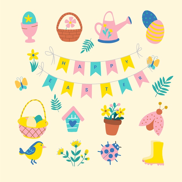 Vettore gratuito collezione di clipart di pasqua piatta