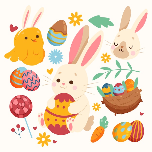 Vettore gratuito collezione di clipart di pasqua piatta