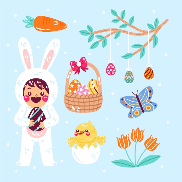 Vettore gratuito collezione di clipart di pasqua piatta