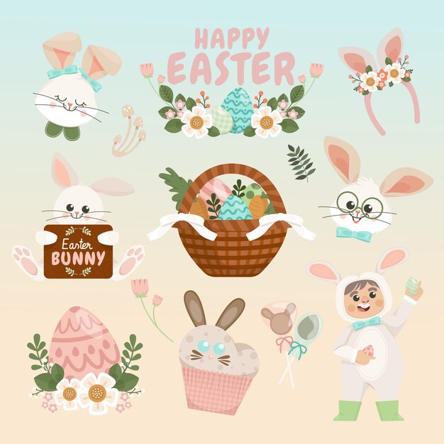 Flat easter cliparts collection