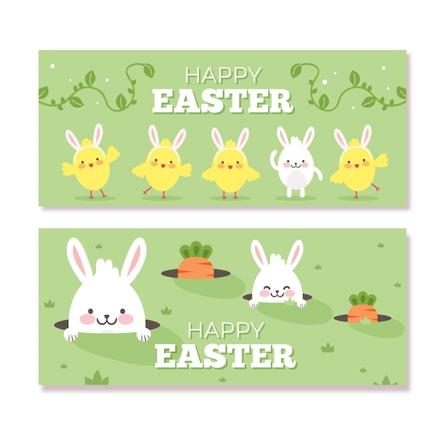 Free vector flat easter day banners with bunnies