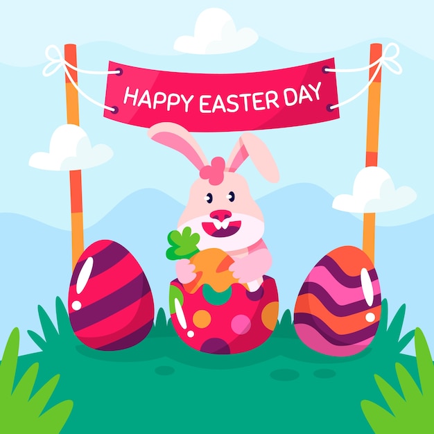 Free vector flat easter day lettering with cute rabbit