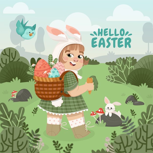 Vettore gratuito illustrazione piatta di pasqua con la bambina