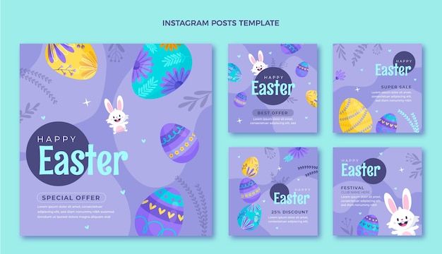 Free vector flat easter instagram posts collection