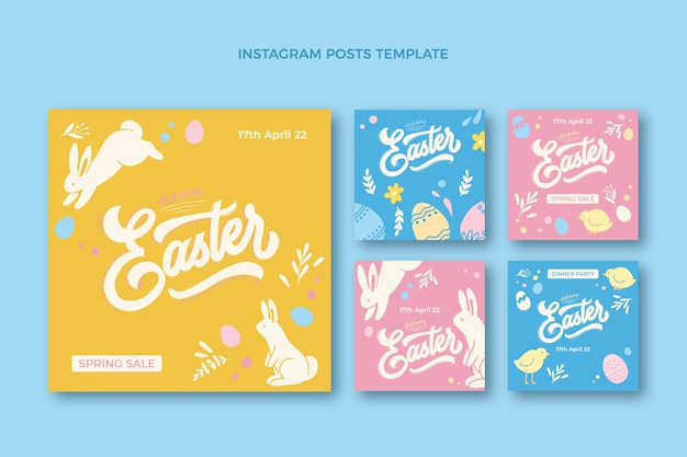 Vettore gratuito collezione di post di instagram di pasqua piatta