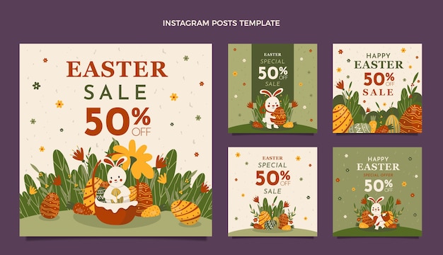 Vettore gratuito collezione di post di instagram di pasqua piatta